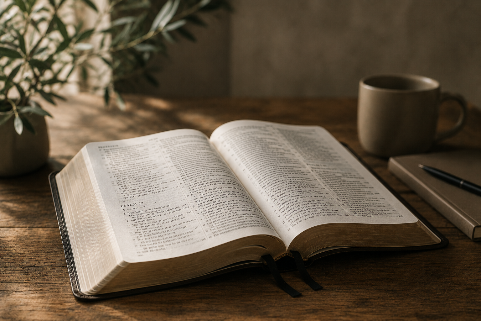 Open Bible on a wooden table