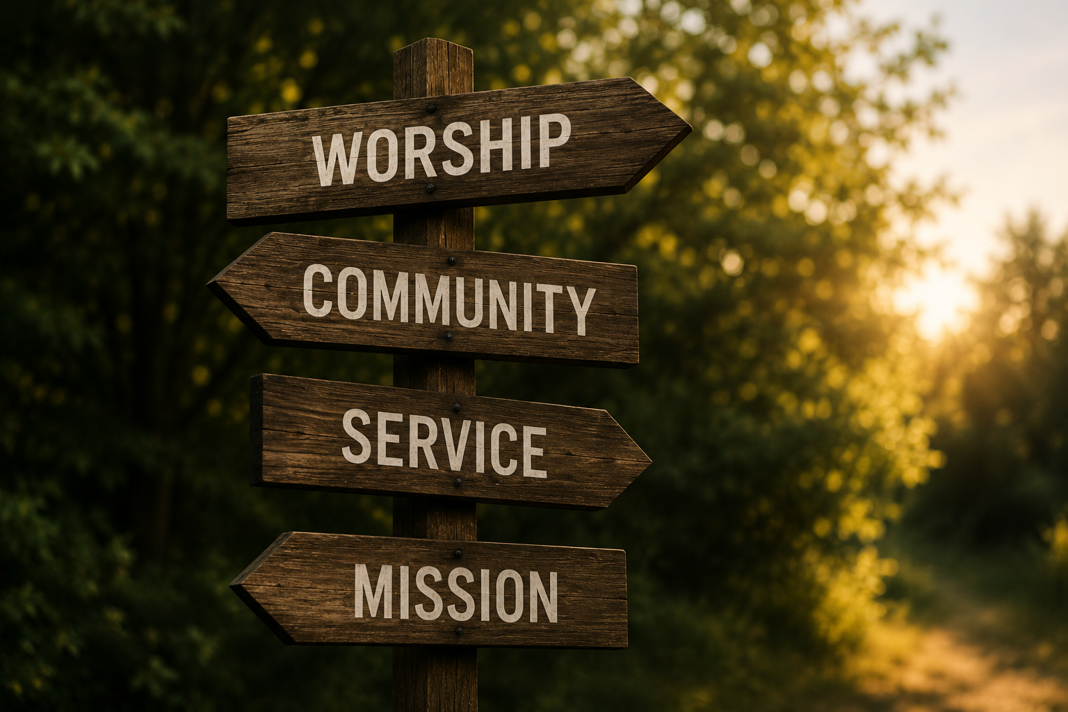 Wooden signpost showing Worship, Community, Service, Mission