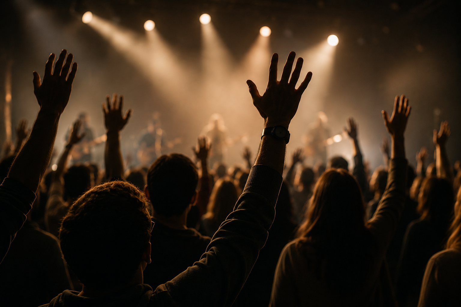 Congregation worshipping with hands raised